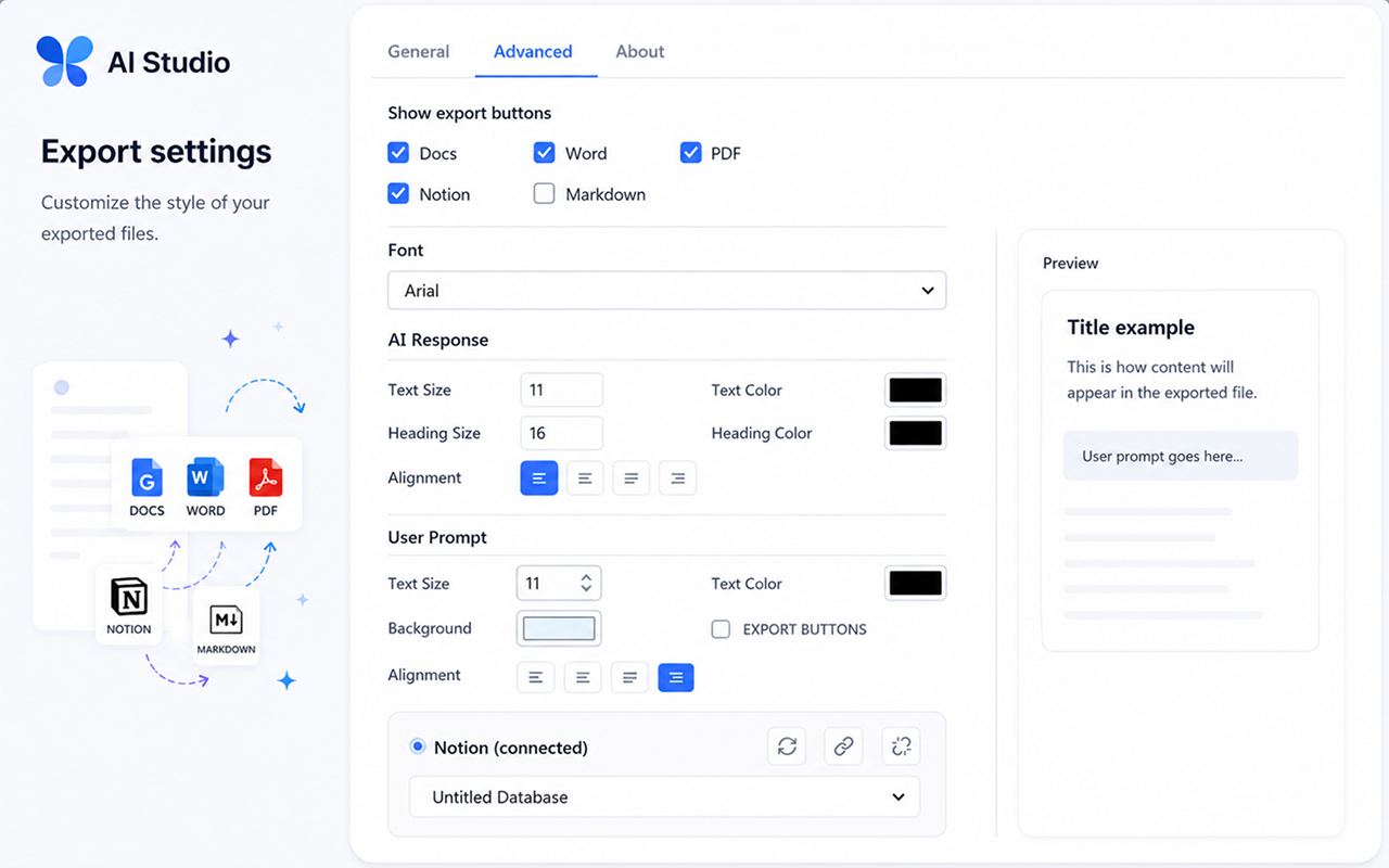 Advanced export settings panel for AI Studio Chat Exporter