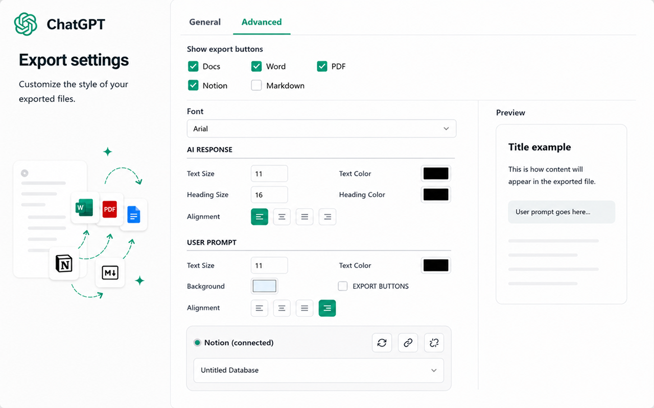 Advanced export settings panel for ChatGPT Chat Exporter