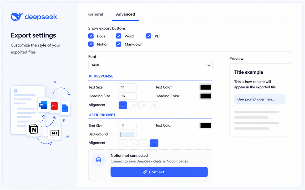 Advanced export settings panel for DeepSeek Chat Exporter