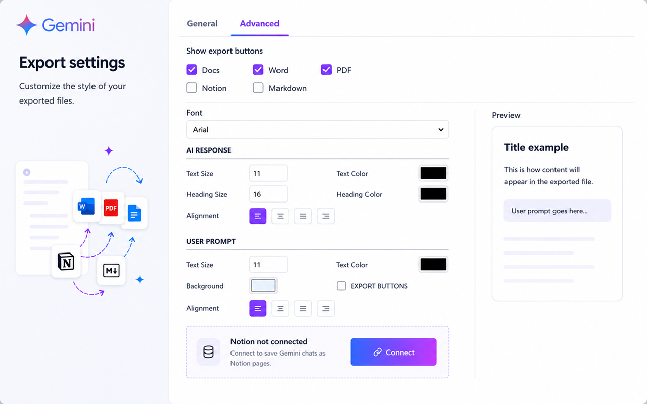 Advanced export settings panel for Gemini Chat Exporter