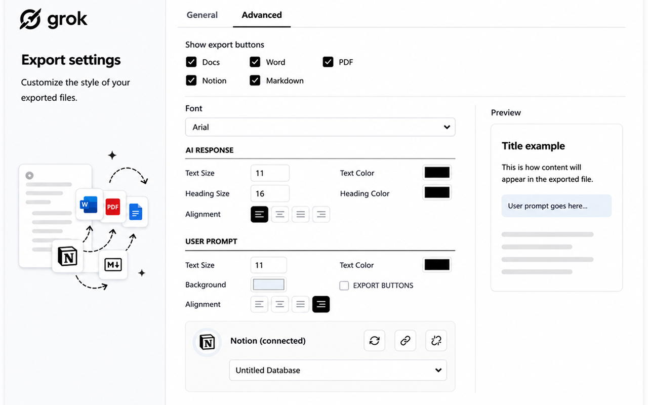 Advanced export settings panel for Grok Chat Exporter