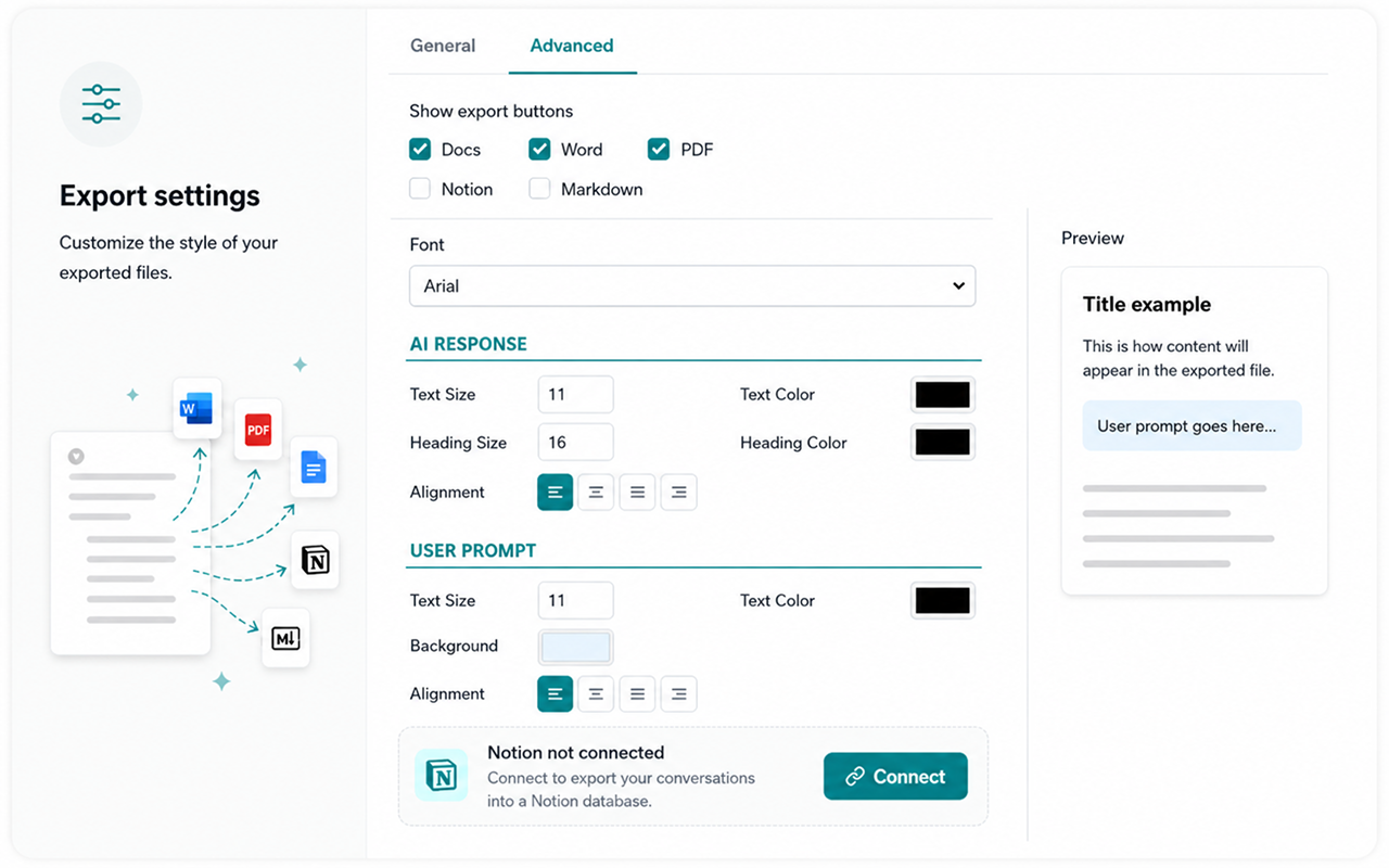Advanced export settings panel for Perplexity Chat Exporter